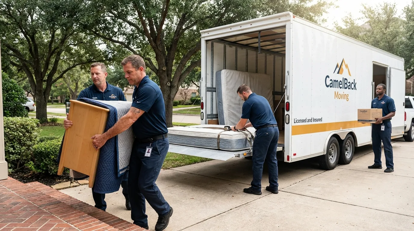 Crew loading residential truck for cross-state move from West Fork, AR