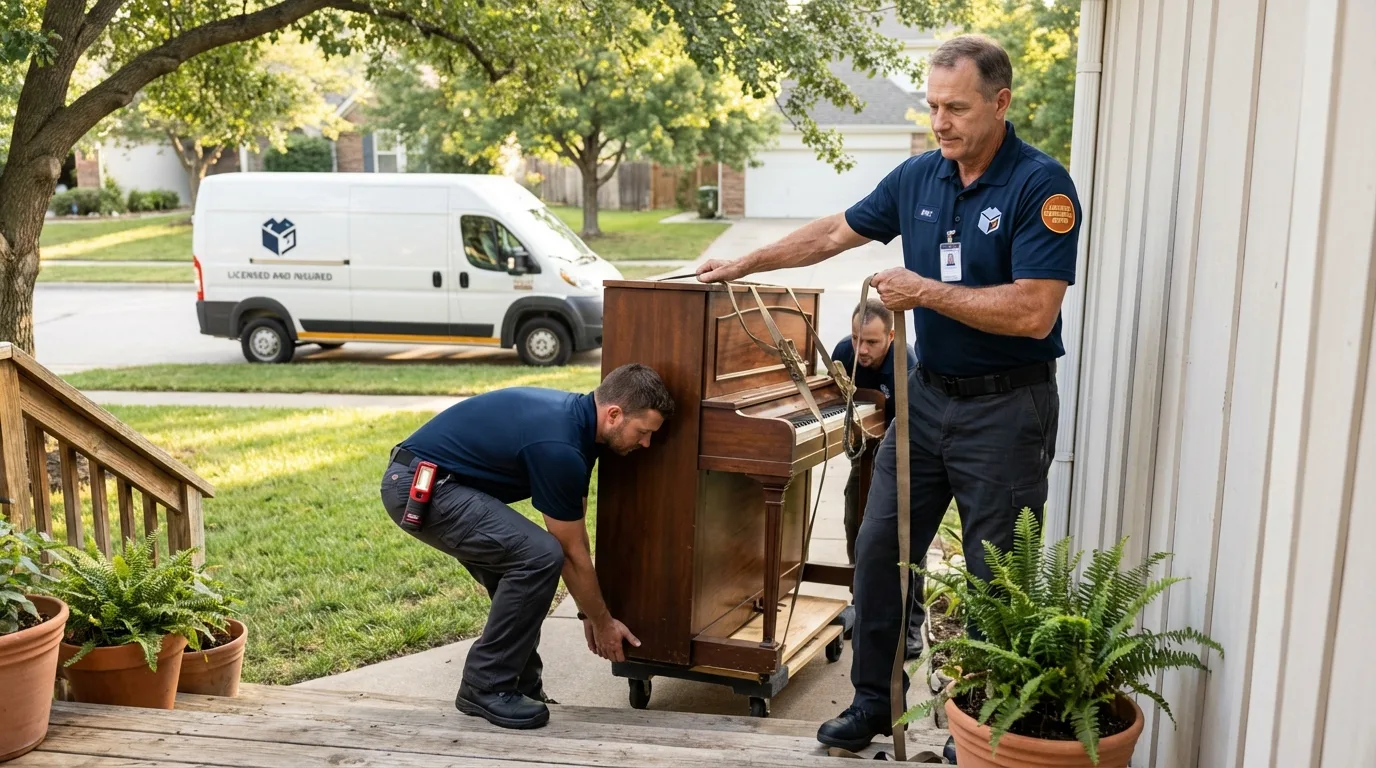 Licensed piano movers securing grand piano in West Fork, AR