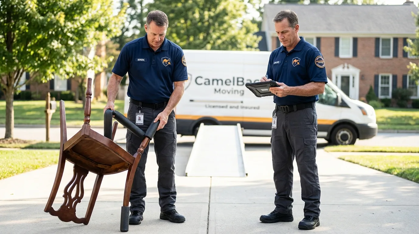 Movers inspecting furniture for damage prevention before loading in West Fork, AR