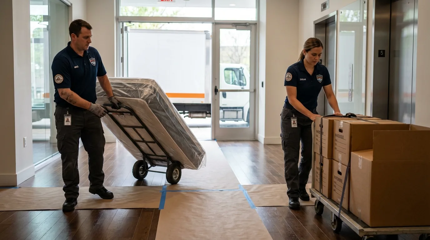 Professional apartment movers loading elevator in West Fork, AR