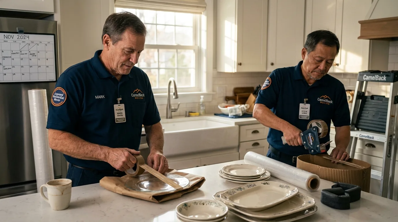Professional crew packing kitchen dishware in West Fork, AR